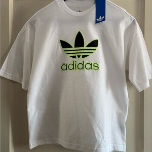 Adidas White Tee with Neon Green Logo embroidered